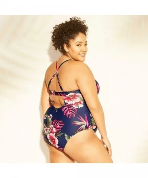 One-Pieces Women's Plus Size Keyhole Strap One Piece Swimsuit - Navy Floral - C4193408YY2