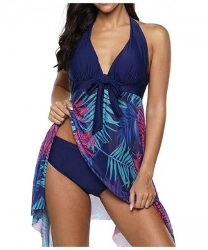 Tankinis Plus Size Swimdress-Women Plus Size Takini Mesh Patchwork Print Swimsuit Beachwear Padded Swimwear - I-blue - CE195R...