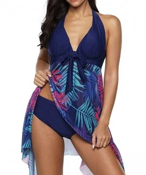 Tankinis Plus Size Swimdress-Women Plus Size Takini Mesh Patchwork Print Swimsuit Beachwear Padded Swimwear - I-blue - CE195R...