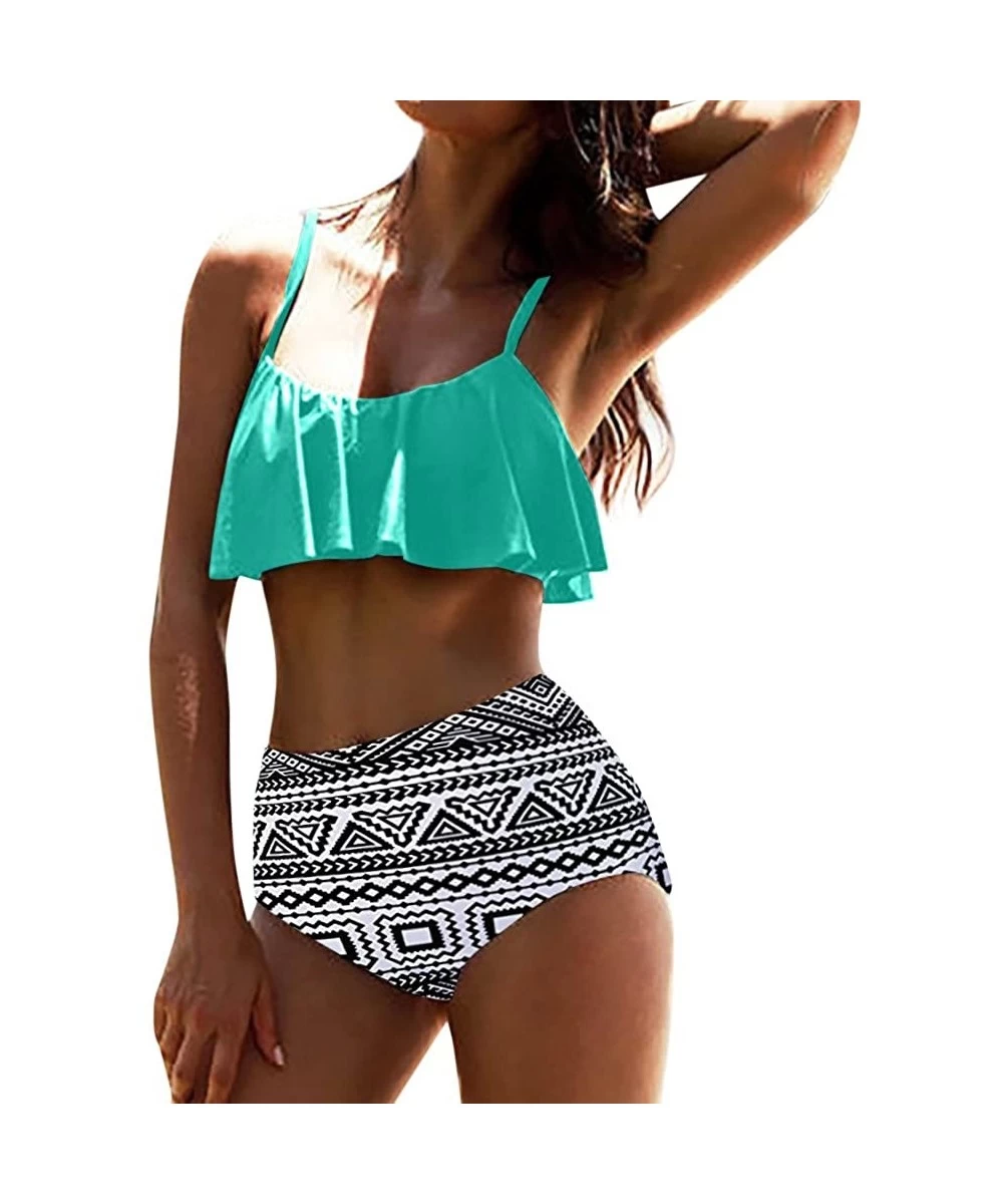 Racing Swimwear for Womens- Summer Beach High Waist Swimuit Female Retro ewear Set Beachwear Tankini Bikini - Mint Green - CZ...