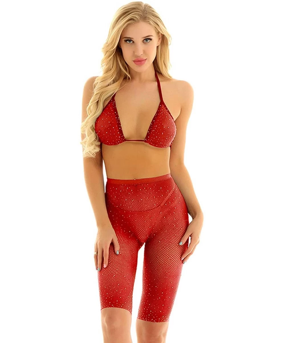 Sets Women Two Piece Lingerie Fishnet Bikini Cover up Swimwear Sheer See Through Halter Bra Pants Set - Red - CS18TXATT4S