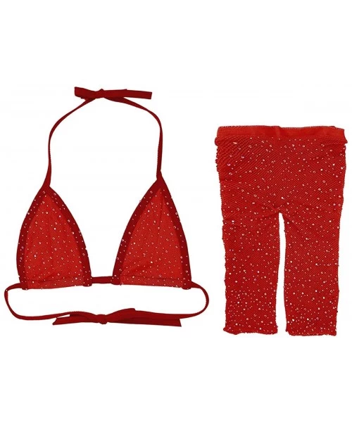 Sets Women Two Piece Lingerie Fishnet Bikini Cover up Swimwear Sheer See Through Halter Bra Pants Set - Red - CS18TXATT4S