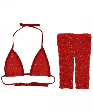 Sets Women Two Piece Lingerie Fishnet Bikini Cover up Swimwear Sheer See Through Halter Bra Pants Set - Red - CS18TXATT4S