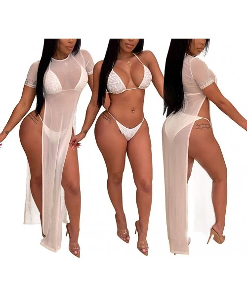 Cover-Ups Three Piece Swimsuits for Women - Halter Tops Bikini Thong Sequin Mesh See Through Cover Ups Slit Dress - White - C...