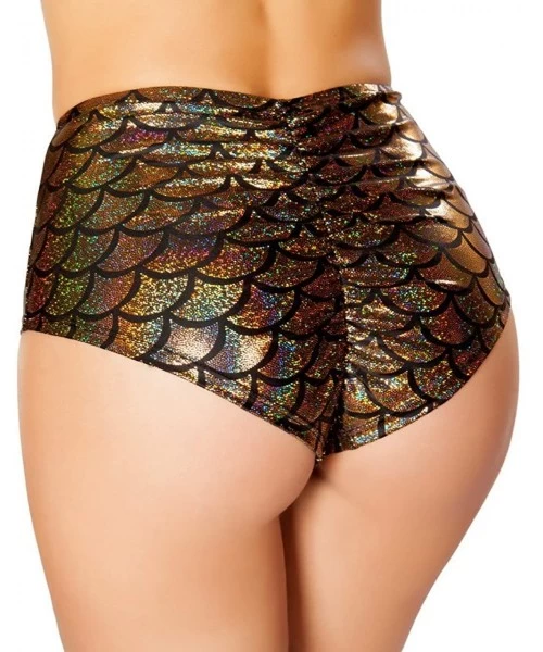 Tankinis Women's Ravewear Festival Poolside-Mermaid Print High Waisted Shorts with Puckered Back - Gold - C212GNO591X