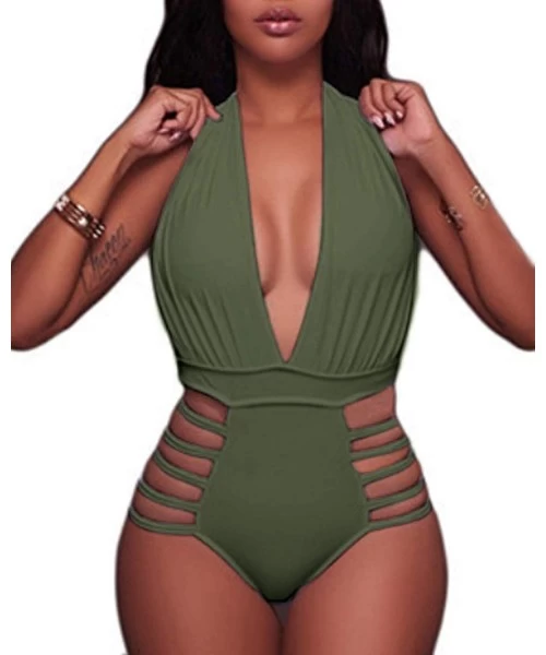 One-Pieces Women Sexy One Piece Swimsuits Halter Plunge V Neck Cutout Bathing Suits - Olive Green - C518O29CNI8