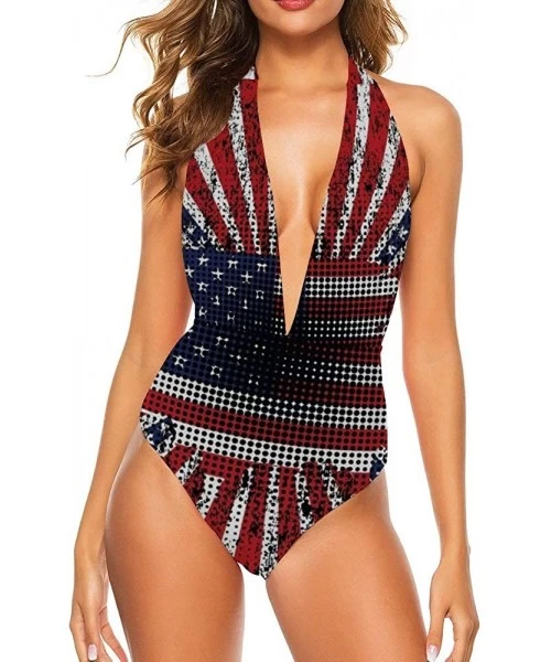 One-Pieces One Piece Swimsuit for All Women- Backless V Neck Monokini Bathing Suit - American Flag Grunge Usa Patriotic - CK1...