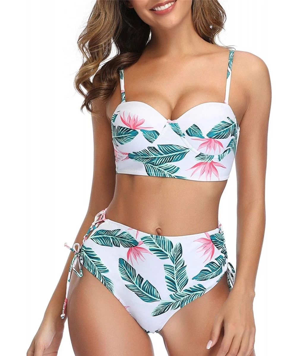 Sets Women Push Up Two Piece Bikini Swimsuits Ruched High Waisted Printed Bathing Suits - Green Leaves - C91938RQ2U8