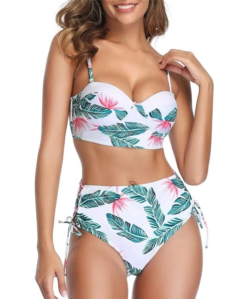 Sets Women Push Up Two Piece Bikini Swimsuits Ruched High Waisted Printed Bathing Suits - Green Leaves - C91938RQ2U8