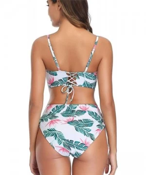 Sets Women Push Up Two Piece Bikini Swimsuits Ruched High Waisted Printed Bathing Suits - Green Leaves - C91938RQ2U8