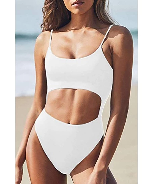 One-Pieces Womens One Piece Swimsuit Scoop Neck Cut Out Lace Up Back High Cut Monokini Swimwear - White - C7192SA90OM