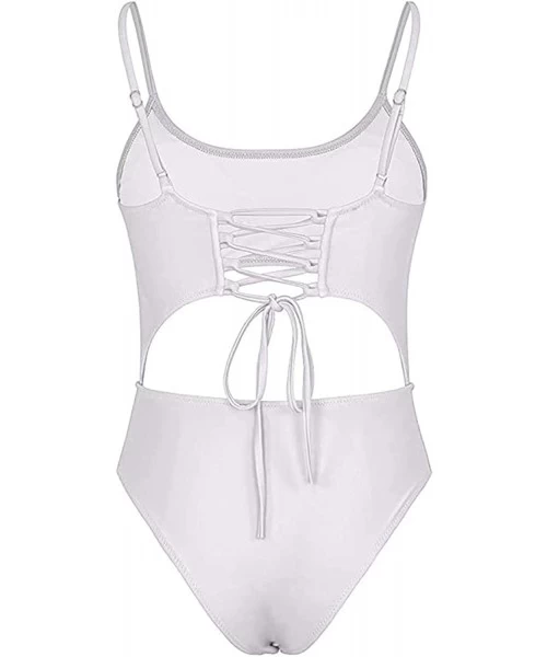 One-Pieces Womens One Piece Swimsuit Scoop Neck Cut Out Lace Up Back High Cut Monokini Swimwear - White - C7192SA90OM