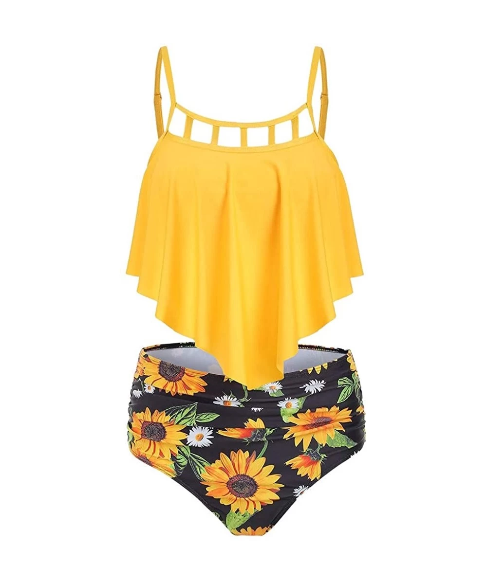 Bottoms Swimsuits for Women Two Piece Bathing Suits Ruffled Flounce Top with High Waisted Bottom Bikini Set - 5 - Yellow3 - C...