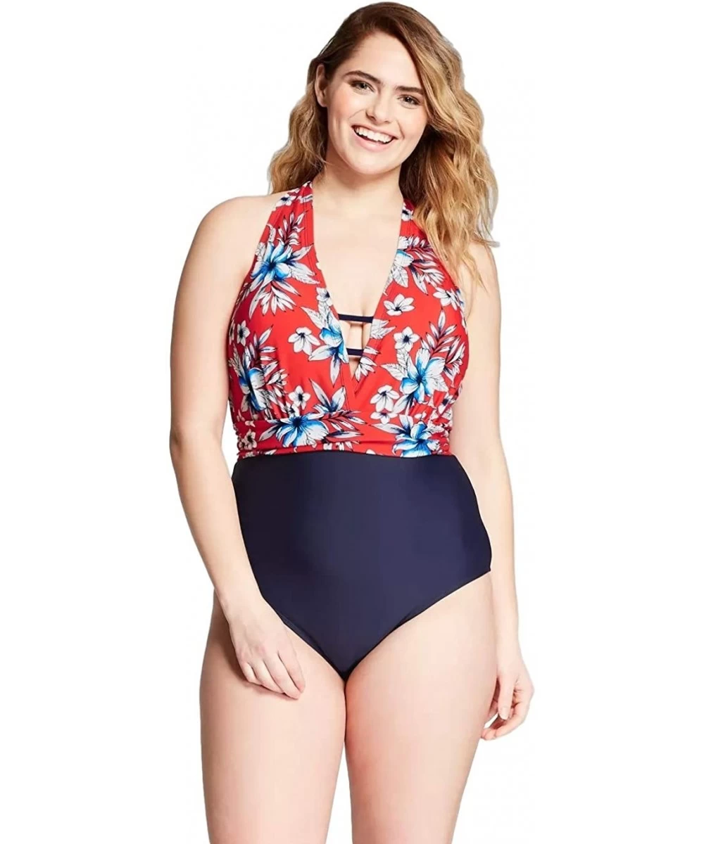 One-Pieces Women's Floral Print Plus Size Tropical One Piece - Navy - CJ18XT3OM32