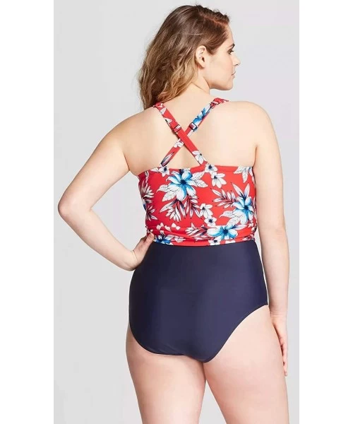 One-Pieces Women's Floral Print Plus Size Tropical One Piece - Navy - CJ18XT3OM32