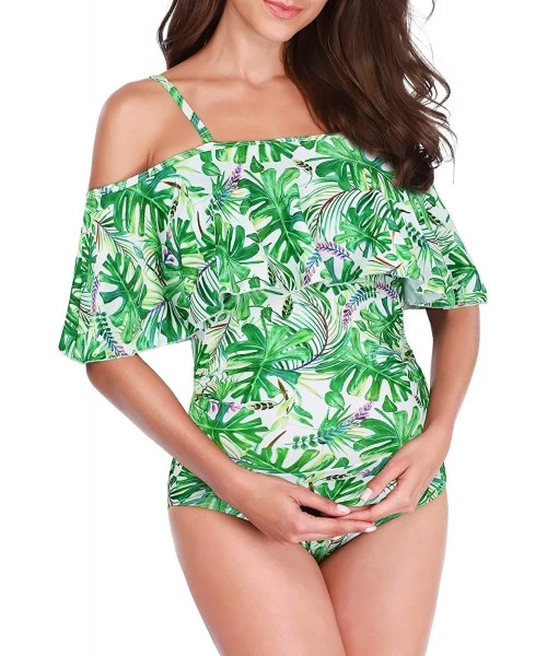 One-Pieces Maternity Swimsuit Womens One Piece Swimsuits Off Shoulder Maternity Bathing Suit - Green Leaves - CI1964497Y2