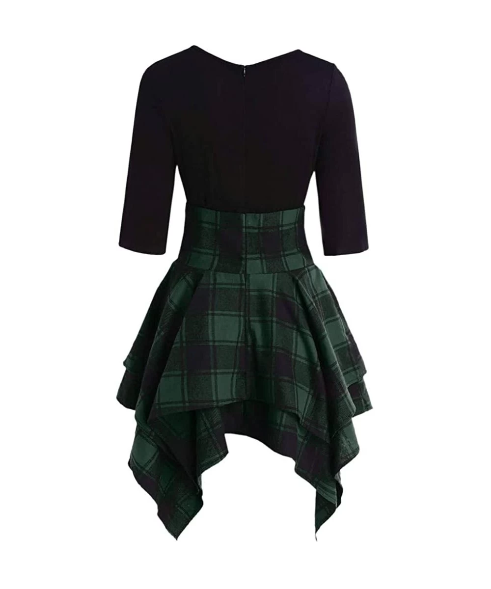 Tankinis Fashion Women Casual O-Neck Waist Bandage Lace Up Tartan Plaid Print Asymmetric Mini Dress - Green - CX18R3E4MRC