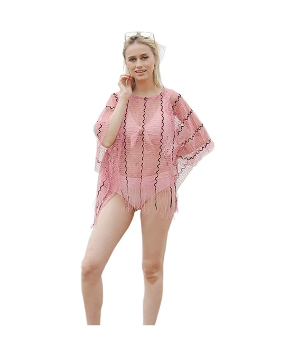 Cover-Ups Sexy Women Cover Up Hollow Out Tassels Sarong Backless Beach Bikini Coverups Adjustable Strap - Style B Pink - CW19...