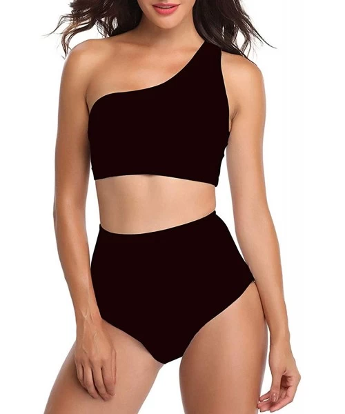 One-Pieces Womens One Shoulder Mesh Patchwork High Waisted 2 Pieces Swimwear - 02black - C318UYG0H7C