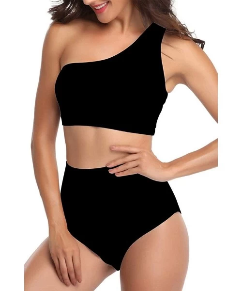 One-Pieces Womens One Shoulder Mesh Patchwork High Waisted 2 Pieces Swimwear - 02black - C318UYG0H7C