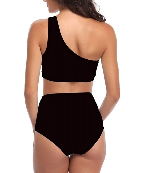 One-Pieces Womens One Shoulder Mesh Patchwork High Waisted 2 Pieces Swimwear - 02black - C318UYG0H7C