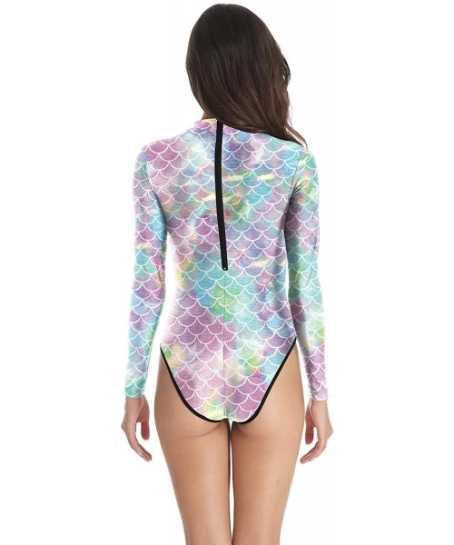 One-Pieces Women's Zip Back Printed Long Sleeve One Piece Swimsuit Swimwear - Pink Fish Scales - CD18M96W87Y