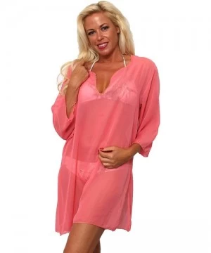 Cover-Ups Plus Size Chiffon Long Sleeve Swimwear Cover-up Beach Dress Made in The USA - Neon Pink - CR11Z4CJ3LD