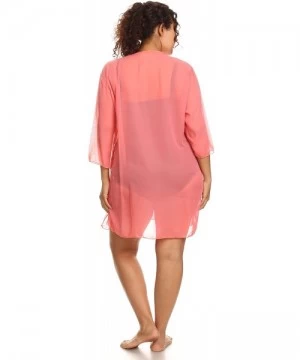 Cover-Ups Plus Size Chiffon Long Sleeve Swimwear Cover-up Beach Dress Made in The USA - Neon Pink - CR11Z4CJ3LD