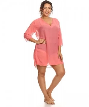 Cover-Ups Plus Size Chiffon Long Sleeve Swimwear Cover-up Beach Dress Made in The USA - Neon Pink - CR11Z4CJ3LD