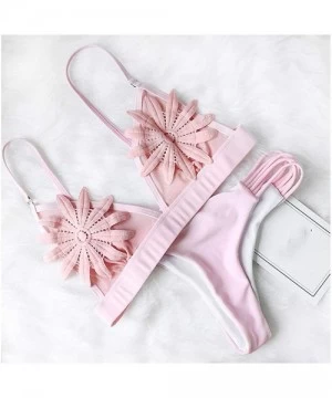 Sets Womens Bikini White Mesh Embroidered Flower Strappy Micro Thong Pink S - CZ18QOADGHW