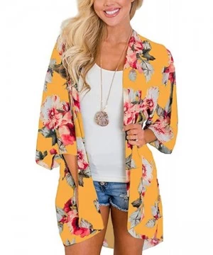 Cover-Ups Women Casual Floral Chiffon Kimono Cover Up Beach Wear Blouse Top - Yellow2 - CV18UK8KKDI