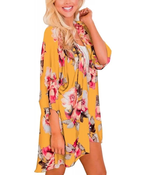 Cover-Ups Women Casual Floral Chiffon Kimono Cover Up Beach Wear Blouse Top - Yellow2 - CV18UK8KKDI