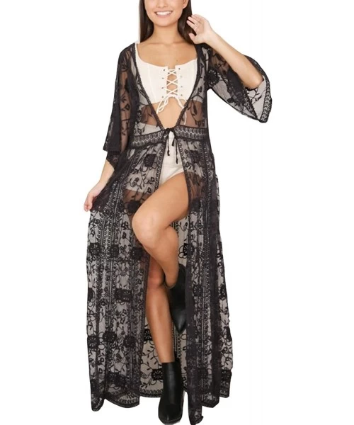 Cover-Ups Swimsuit Cover ups lace Cardigans Women's Embroidered Floor Length Beach Cover up with Half Sleeves (910 Black) - C...