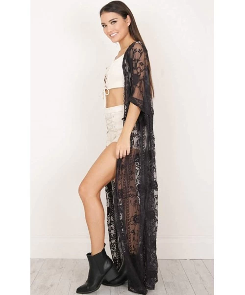 Cover-Ups Swimsuit Cover ups lace Cardigans Women's Embroidered Floor Length Beach Cover up with Half Sleeves (910 Black) - C...