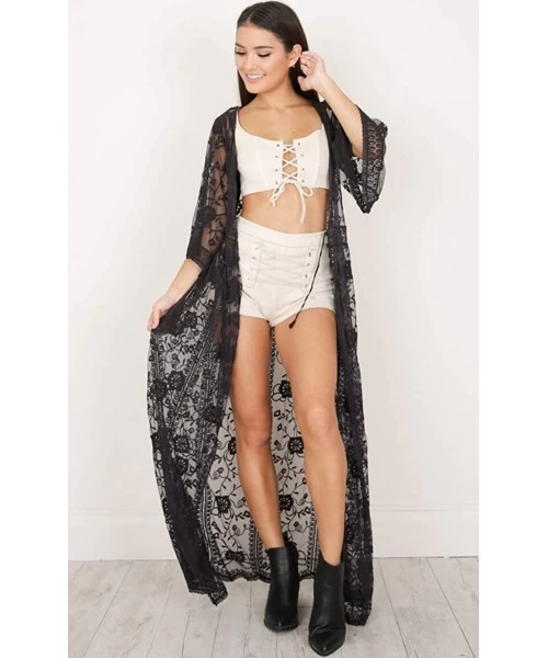 Cover-Ups Swimsuit Cover ups lace Cardigans Women's Embroidered Floor Length Beach Cover up with Half Sleeves (910 Black) - C...