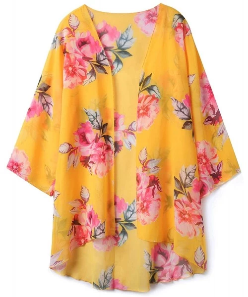 Cover-Ups Women Casual Floral Chiffon Kimono Cover Up Beach Wear Blouse Top - Yellow2 - CV18UK8KKDI