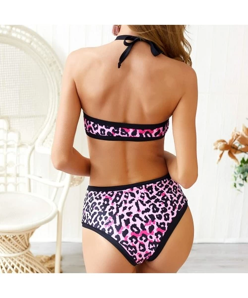 Sets Women's Leopard Print Bandeau Bikini Set Halter Straps Top High Waisted Swimsuit Bathing Suit - Purple Leopard - CY18SSO...