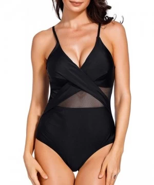 One-Pieces Women One Piece Sexy Black Spaghetti Strap Wrap V-Plunge Mesh High Waist Monokini Swimsuit - Black - CG18L97H0A4