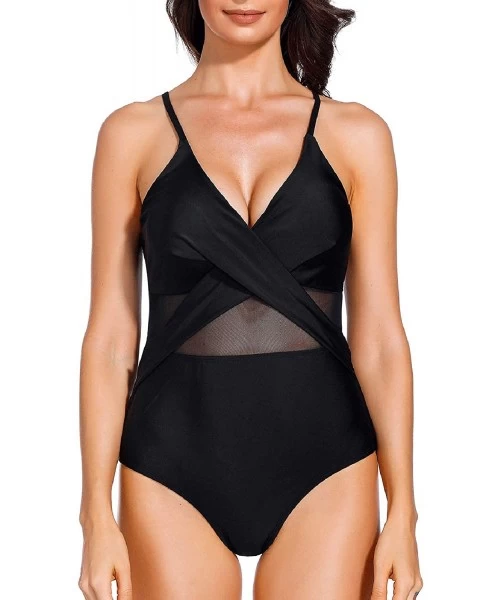 One-Pieces Women One Piece Sexy Black Spaghetti Strap Wrap V-Plunge Mesh High Waist Monokini Swimsuit - Black - CG18L97H0A4