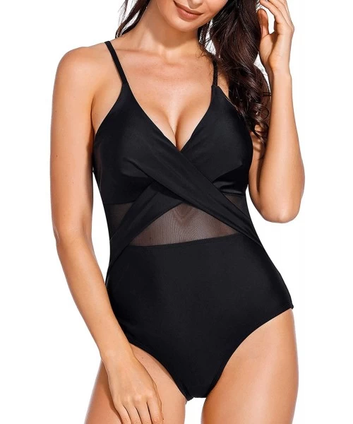 One-Pieces Women One Piece Sexy Black Spaghetti Strap Wrap V-Plunge Mesh High Waist Monokini Swimsuit - Black - CG18L97H0A4