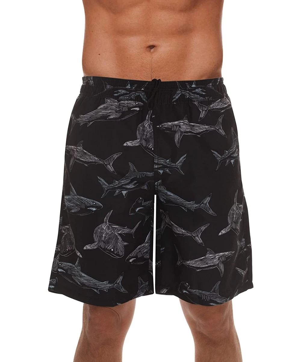 Board Shorts Men's Swimming Trunks Shorts with Pockets- Quick Dry Bathing Suit - Longer Length - Black - Shark - C618Z9UR84H