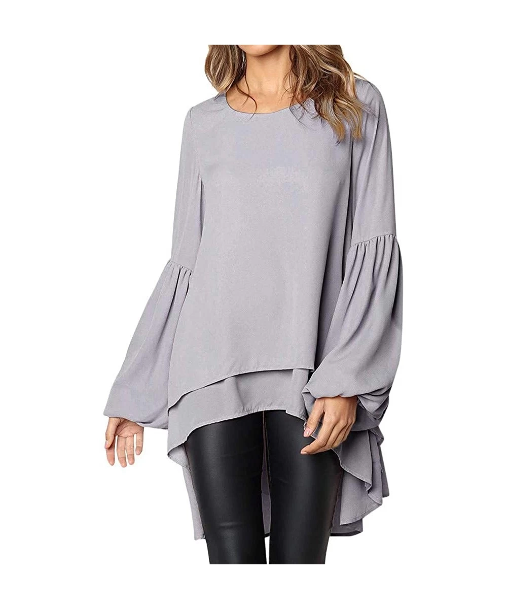 Bottoms Blouses for Womens- Women Irregular Ruffles Shirt Long Sleeve Sweatshirt Pullovers Tops Blouse - Gray 2 - CD18LS2UZDA