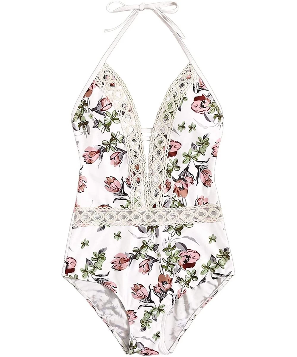 One-Pieces Women's Sexy Bathing Suits Solid Color Criss Cross Open Back One Piece Swimwear - Floral-white 2 - C318TOS8TZC