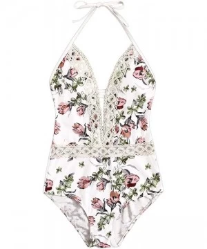 One-Pieces Women's Sexy Bathing Suits Solid Color Criss Cross Open Back One Piece Swimwear - Floral-white 2 - C318TOS8TZC