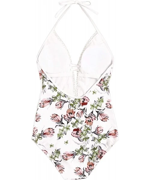 One-Pieces Women's Sexy Bathing Suits Solid Color Criss Cross Open Back One Piece Swimwear - Floral-white 2 - C318TOS8TZC