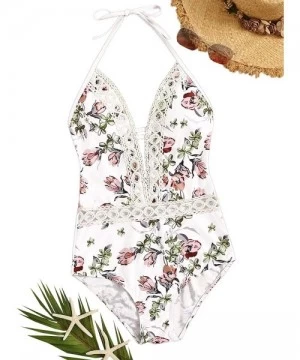 One-Pieces Women's Sexy Bathing Suits Solid Color Criss Cross Open Back One Piece Swimwear - Floral-white 2 - C318TOS8TZC