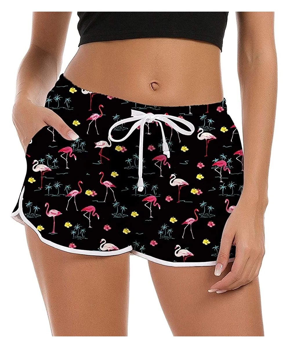 Bottoms Women's Drawstring Board Shorts Quick Dry Stretch Novelty Patterns Swimsuits Swimwear Bottoms S-XXL - Flamingos-3 - C...