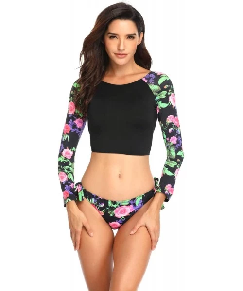 Rash Guards Women's Rash Guard Floral Long Sleeve 2piece Swimsuit Backless Tankini Lace Up Crop Tops - Flower - CU18NL5ZLG9