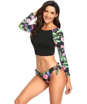 Rash Guards Women's Rash Guard Floral Long Sleeve 2piece Swimsuit Backless Tankini Lace Up Crop Tops - Flower - CU18NL5ZLG9