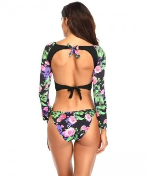 Rash Guards Women's Rash Guard Floral Long Sleeve 2piece Swimsuit Backless Tankini Lace Up Crop Tops - Flower - CU18NL5ZLG9